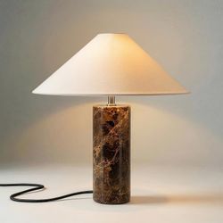 LED Table Lamp - 14” Modern Stone Table Lamp for Bedside - Decorative Dimmable Desk Lamp for Living Room, Bedroom - Brown Marble