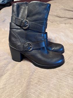 Black Leather Heeled Moto Ankle Boots