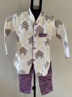 Indo-Western designer sherwani in white and purple silk jacquard fabric for Boys/Kids