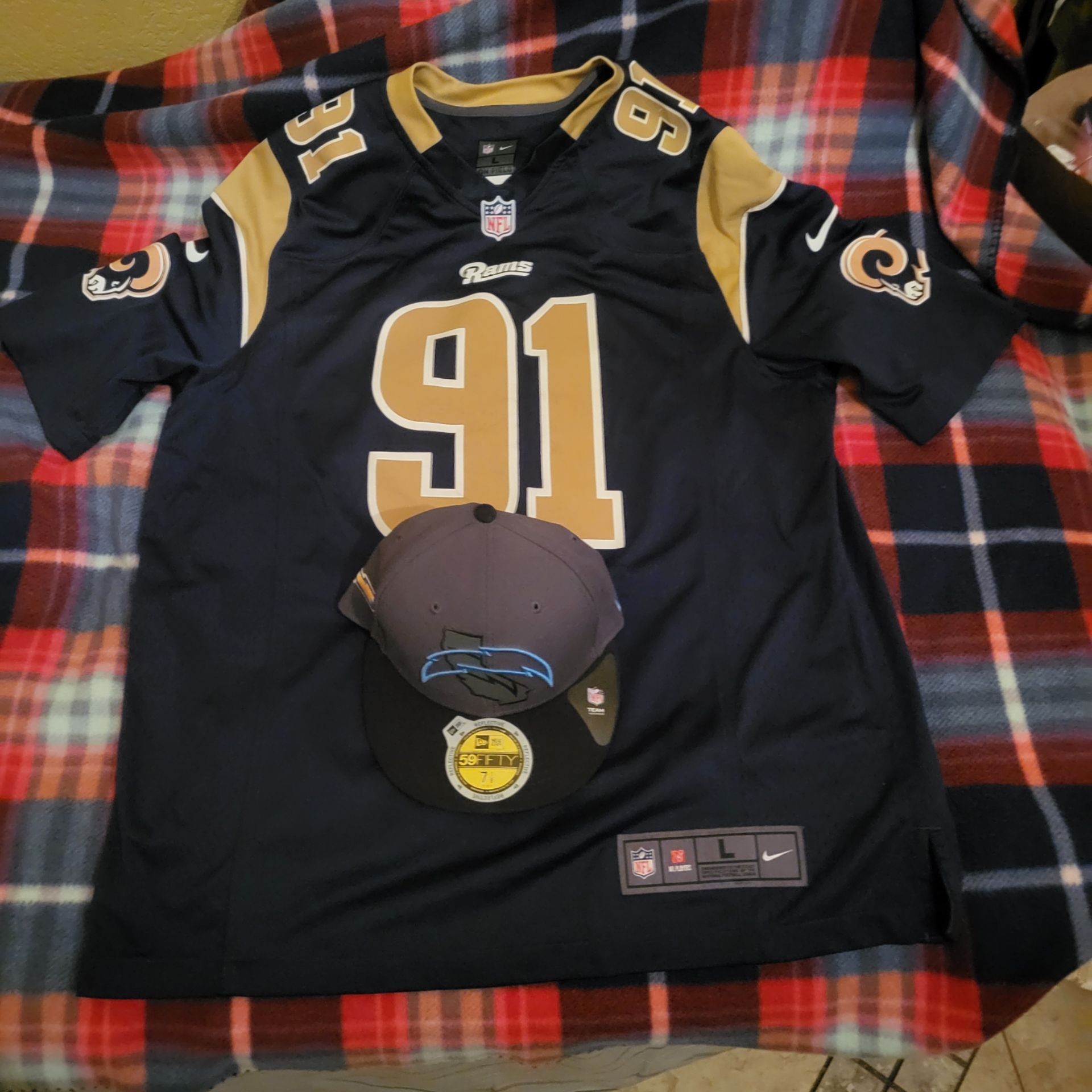NIKE NFL LOUIS RAMS CRIST LONG #91 CRIT LONG ON FIELD GAME JERSEY MEN SIZE L WITH SNAP BACK SICE 7-18