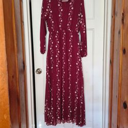 Yasmin Tween Girls Burgundy Floral Long Sleeve Maxi Dress Size 46 oversized fit