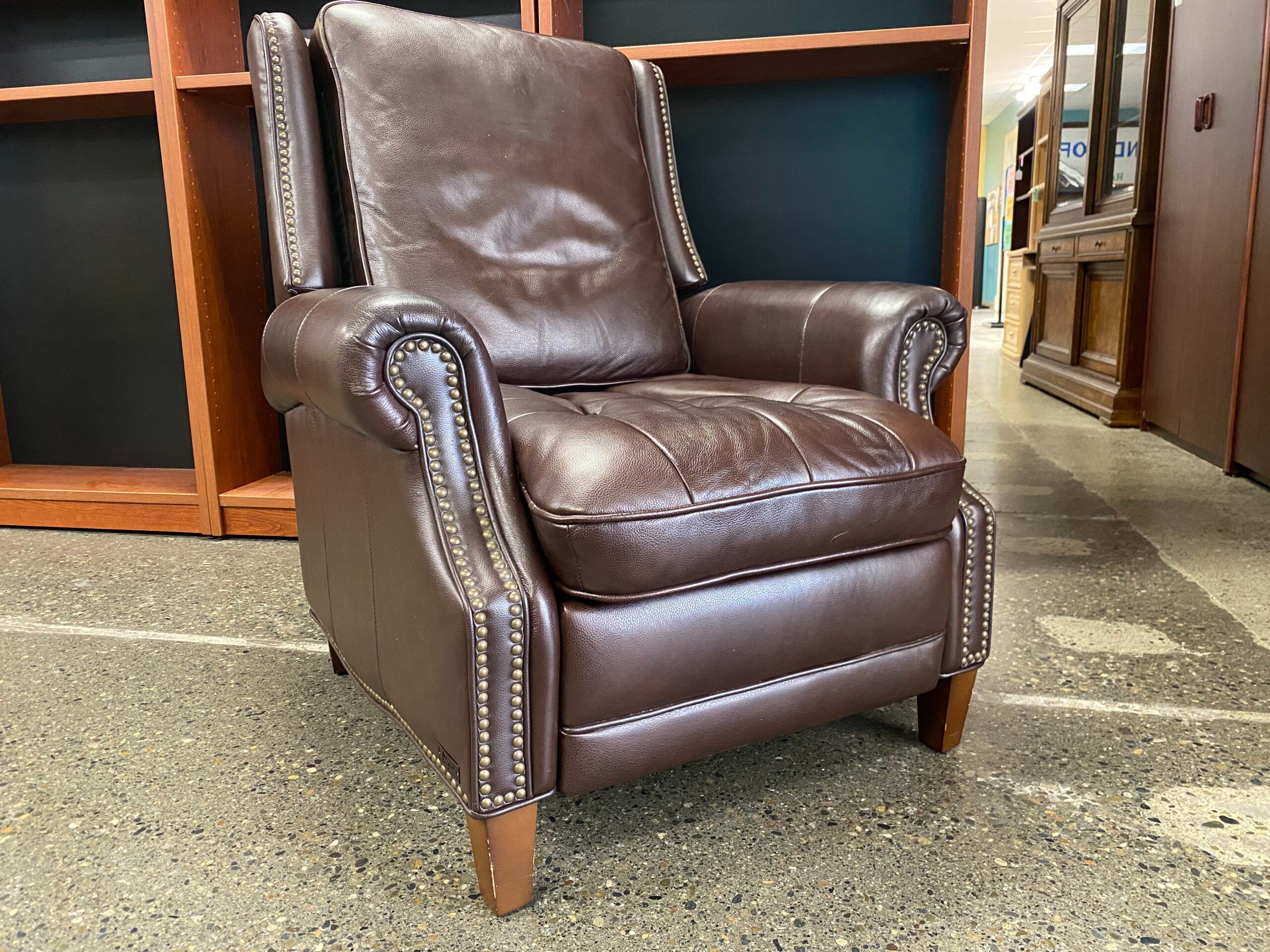 ABBYSON Classic Brown Leather Pushback Recliner w/ Nailhead Trim