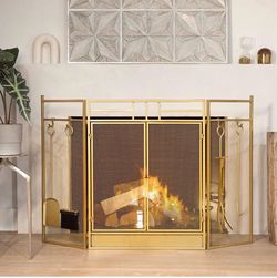 Barton 48" Fireplace Screen 3-Panel Folding Magnetic Doors with 4-Pieces Fire Place Tools Set Steel Fire Spark Guard, Gold