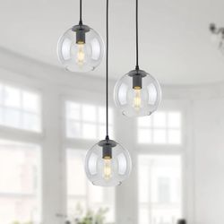 3 Lights Hanging Pendent Ceiling Chandelier, Mid Century Modern Industrial Farmhouse Kitchen Light with Clear Glass Shades