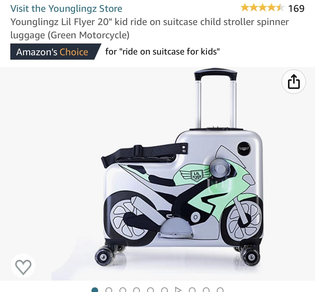 Younglingz Lil Flyer 20" kid ride on suitcase child stroller spinner luggage (Green Motorcycle)
