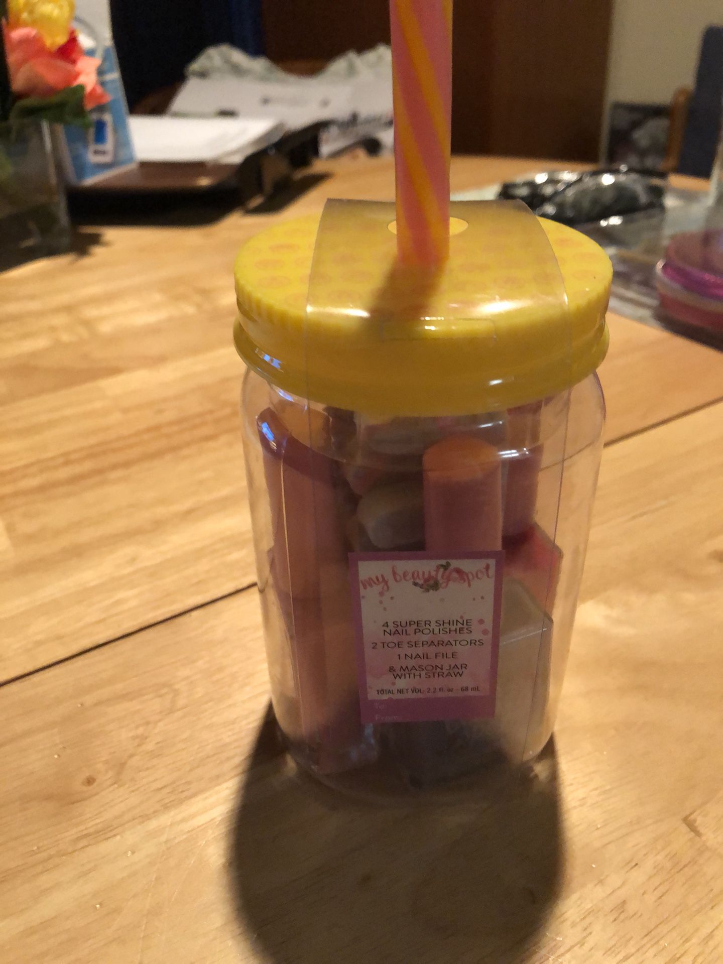 Nice gift for anyone multiple items inside mason jar with straw