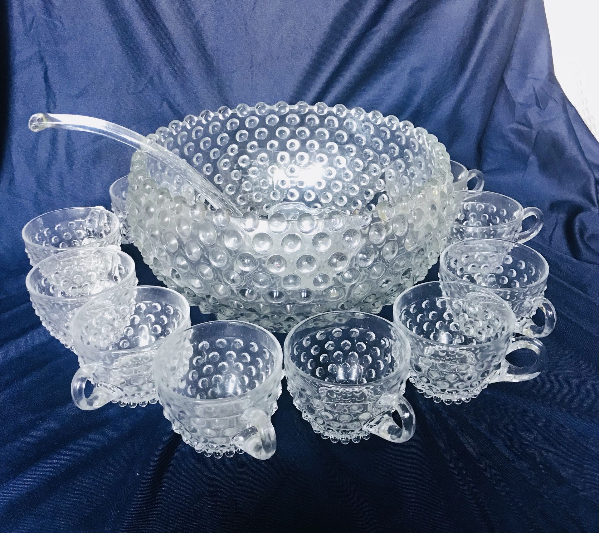 Duncan & Miller Hobnail punch Bowl with 12 Cups and Original Ladle. Perfect for Vintage Wedding, Holidays