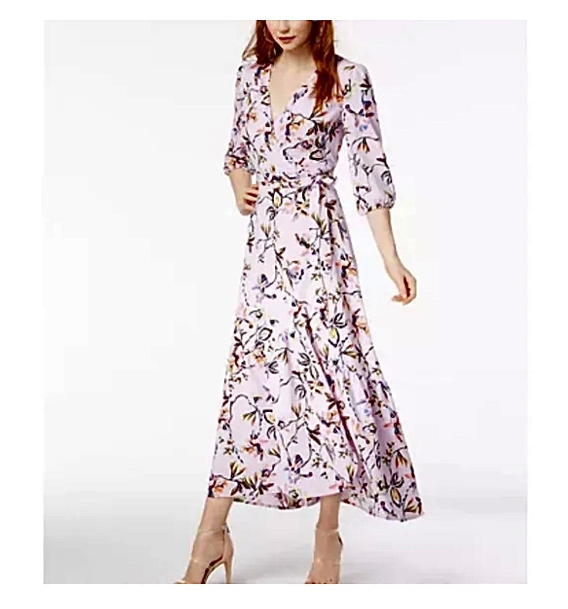 BAR III Floral Wrap Maxi Ruffle Dress Size M Flounce High Low Hem Light Purple