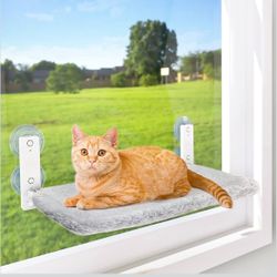 AMOSIJOY Cordless Cat Window Perch, Cat Hammock for Wall with 4 Suction Cups, Solid Metal Frame and Reversible Cover, Foldable Cat Beds for Indoor Cat