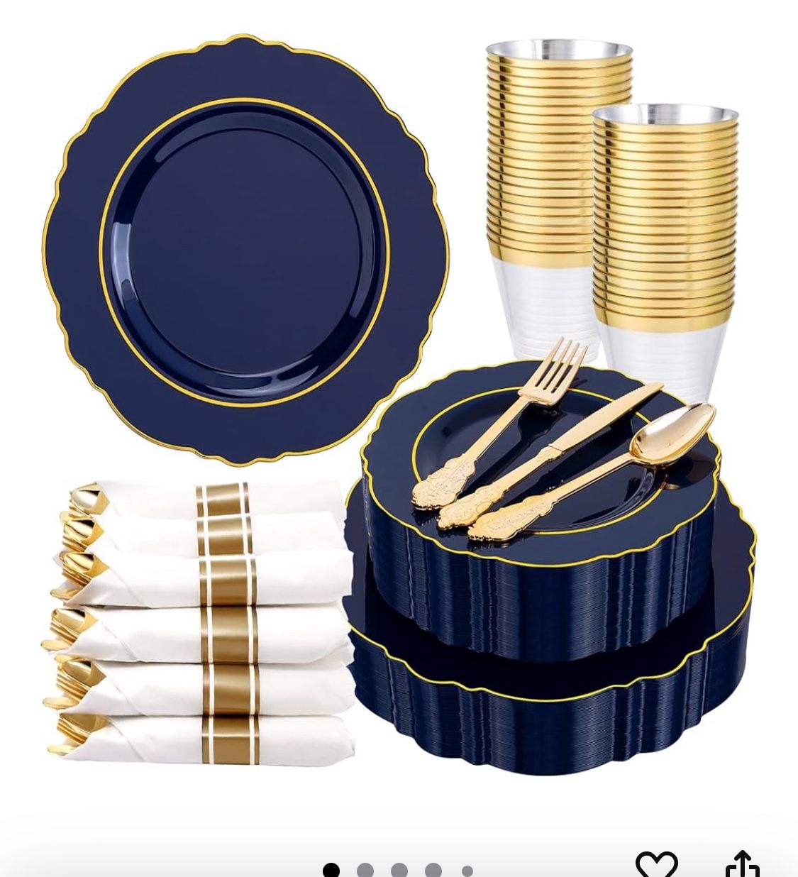 350PCS Navy Blue Plastic Plates-Disposable Blue Gold Plates 50guest Plastic Dinnerware include 100Plates,50Pack Pre Rolled Napkins with Silverware 5