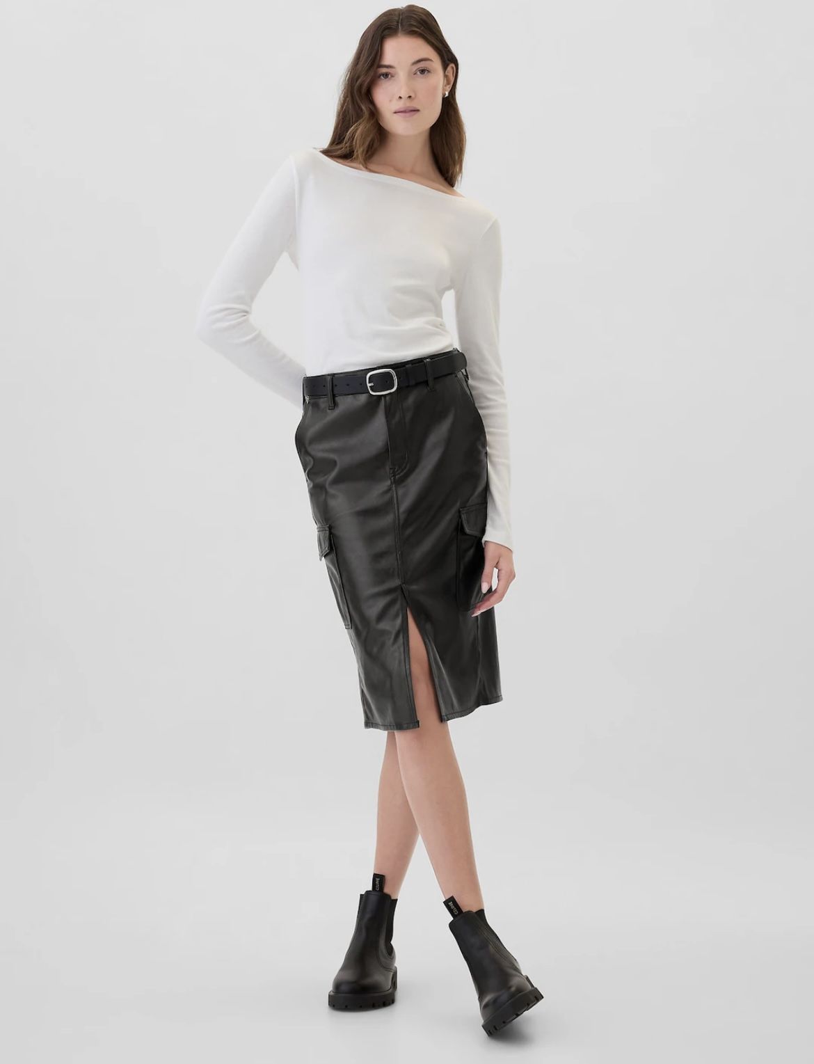 NWT Black vegan leather midi pencil cargo skirt