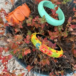 3 vintage, colorful bracelets. Organic Tagua Nut Stretch Bracelet (orange one)
