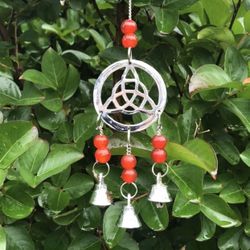 SOLD  - Red Beaded Small Triquetra Celtic Mystic Knot Wind Chime Sun Catcher MobileO