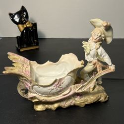 Dresden Porcelain Antique 1900s Boy Wheelbarrow Fancy Gravy Boat Candy Dish Planter
