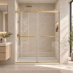 VRD-6076-BG,Frameless Shower Doors 56- 60" Width x 76" Height with 5/16"(8mm) Clear Tempered Glass in Brushed Gold Finish, Double Sliding with Side Se