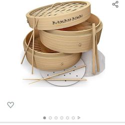 Chinese Steamer Basket - Traditional 10 Inch Bamboo Steamer Basket for Cooking Healthy Food in 2 Tiers Simultaneously - Bun, Dim Sum and Dumpling Stea