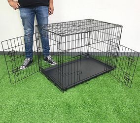 (Brand New) $50 Double Door 36” Dog Crate Kennel Metal Folding Pet Cage Plastic Tray, 36x23x25 Inches
