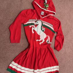 Girls kids xl 14 16 unicorn red vintage sweater dress Christmas ugly hood costume