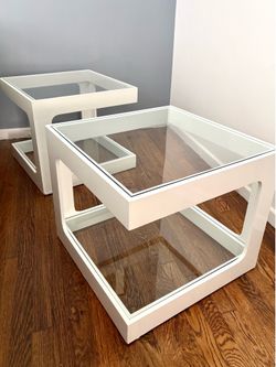 Vintage Modern White Glass Top Side Tables – Pair