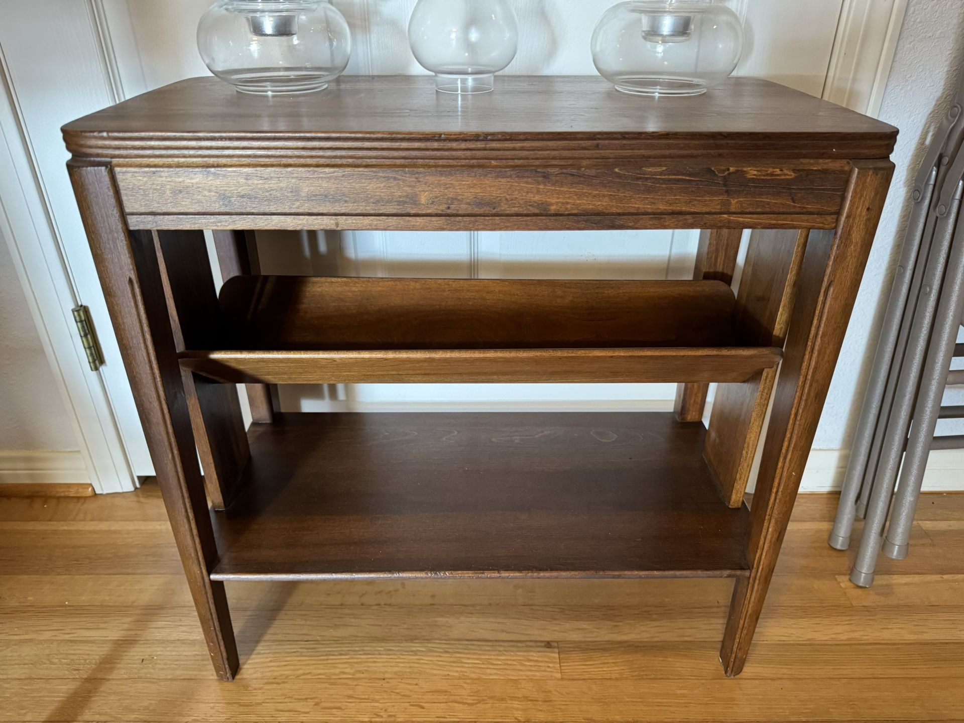 three-tiered Art Deco walnut Side console table Magazine Rack