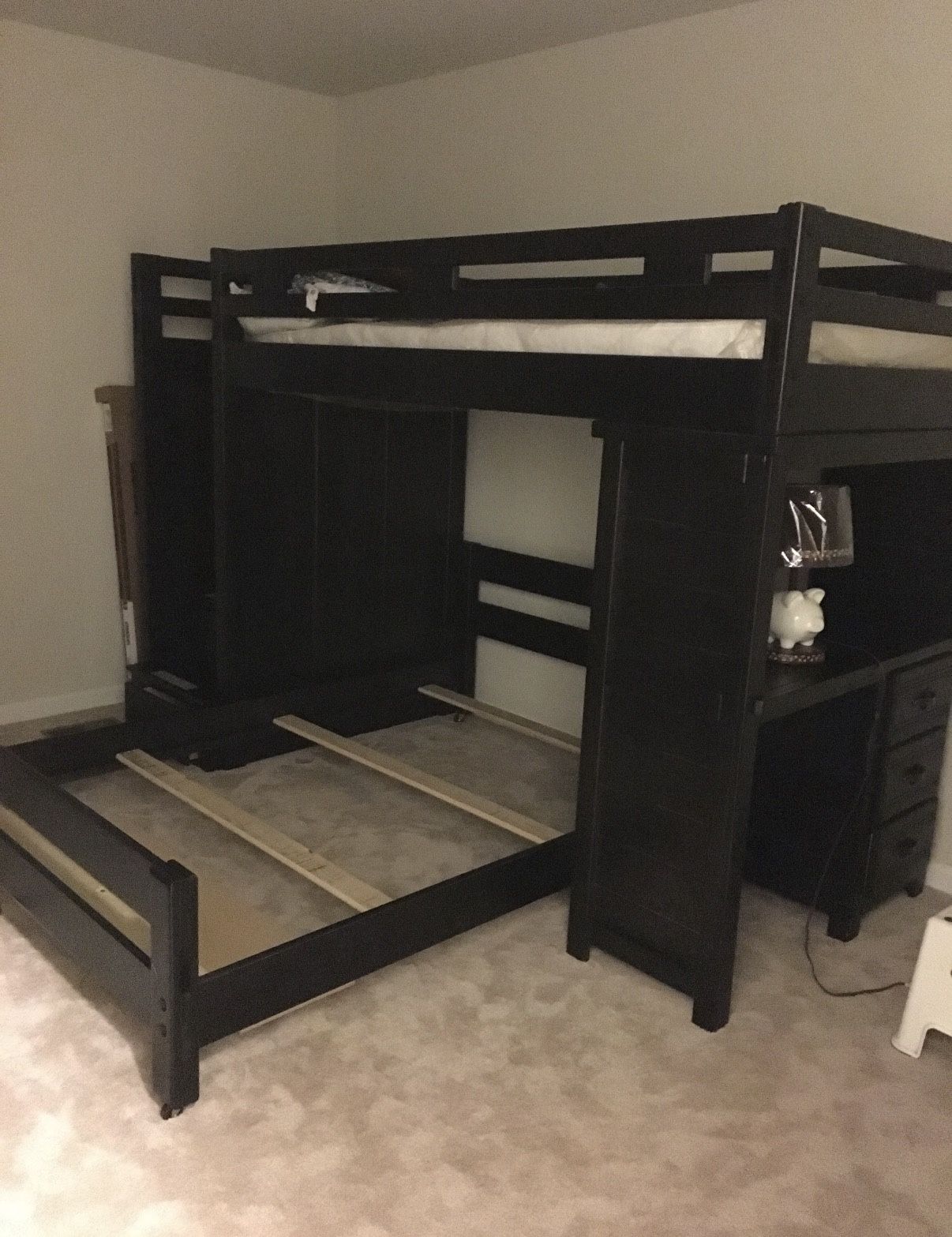 Art Van Black Loft Bed with a built-in lower area for a Full Bed and Dresser + Mirror