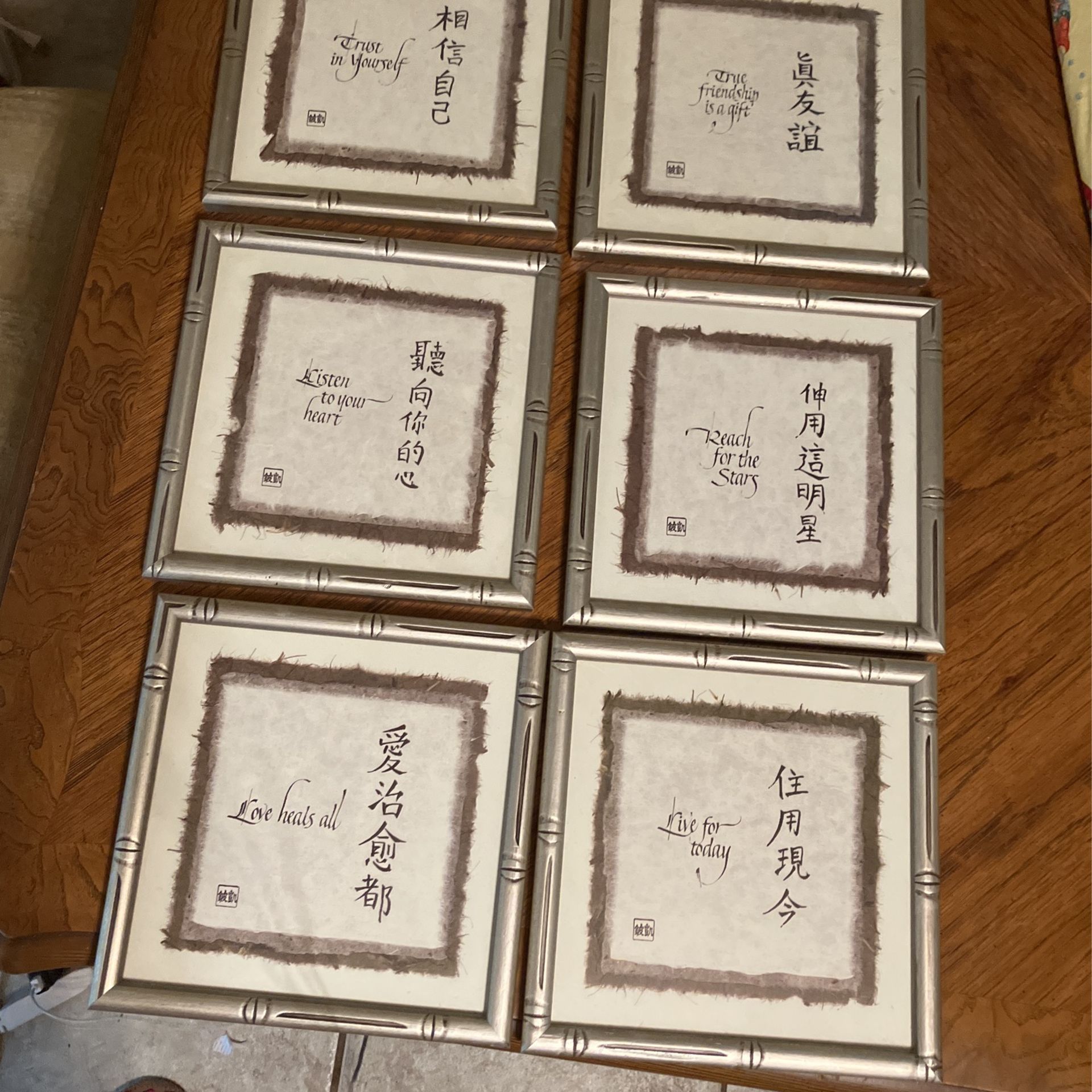 Set of 6 Inspirational English/Asian Wall Art Decor Framed Silver Bamboo Look