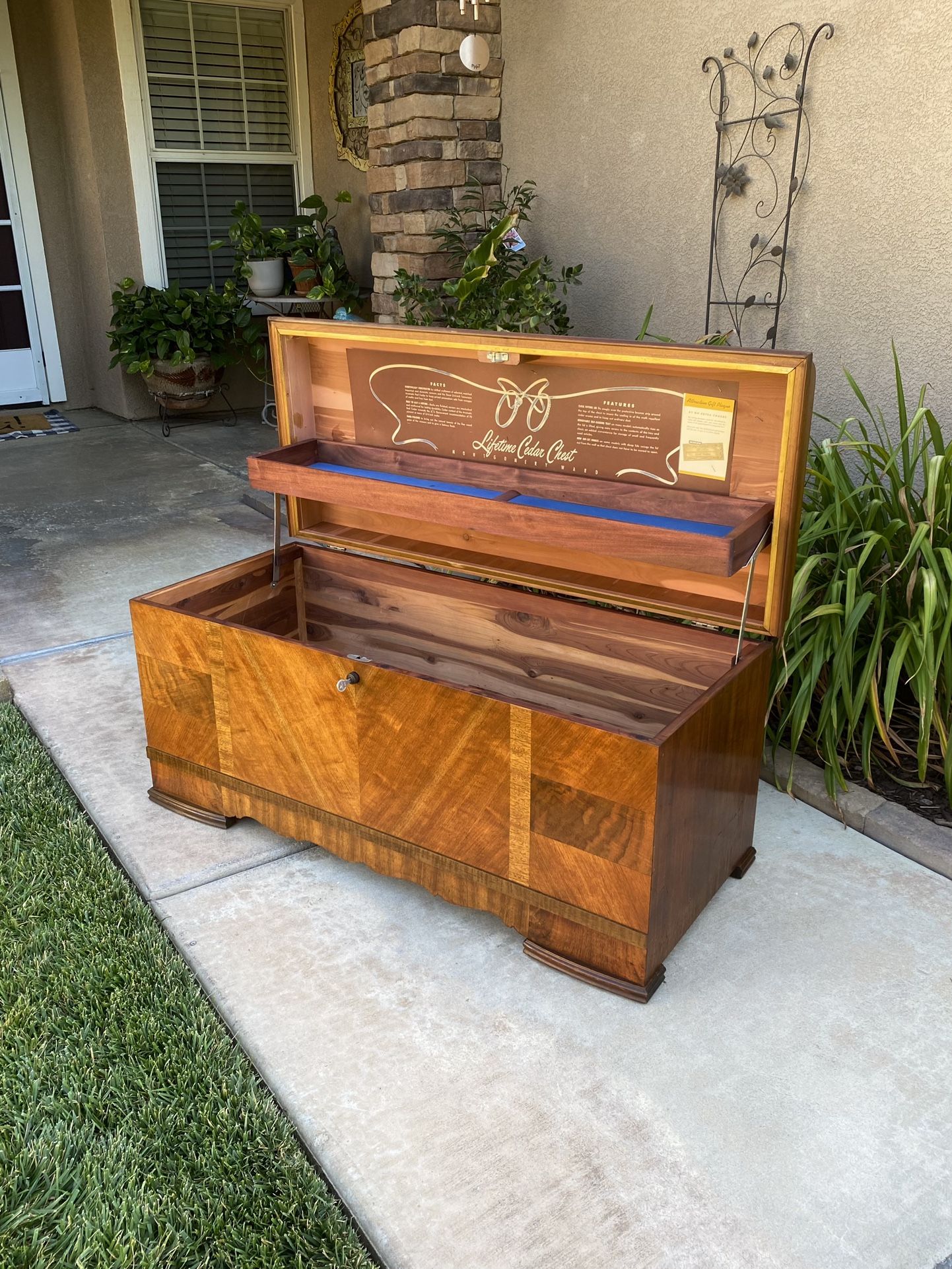 ANTIQUE “MONTGOMERY WARDS” ART DECO WATERFALL CEDAR HOPE CHEST W/ KEY (CIRCA 1930’S) 44”L X 18.5”W X 21”D
