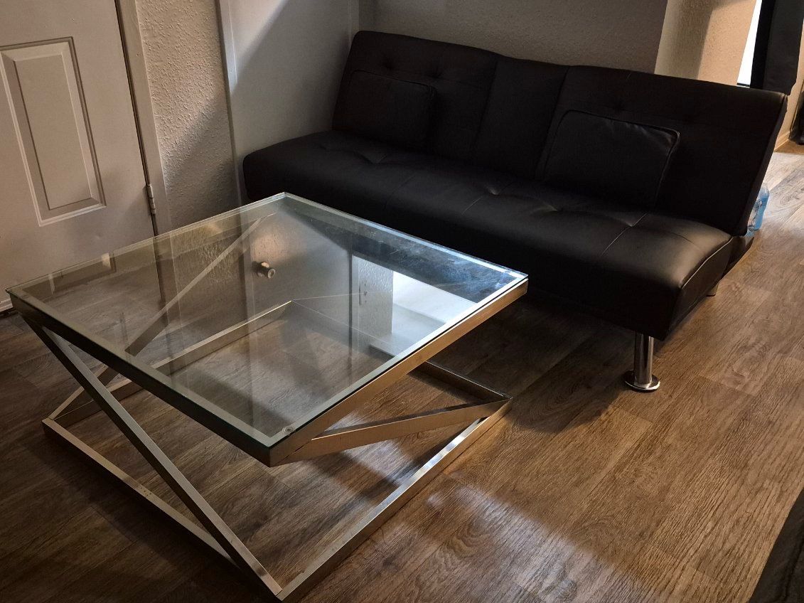 Black Convertible Couch Bed & Glass Coffee Table Set (Cash only)