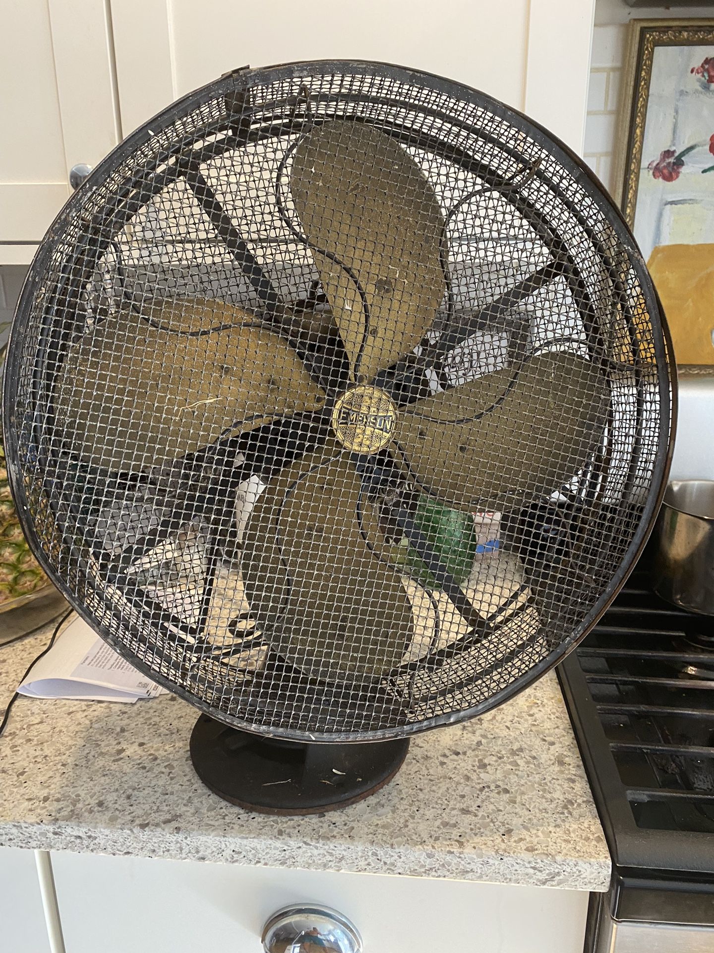 Antique Emerson Fan 4 Blade Brass Blade 16 Inch 3-speed Oscillating WORKS! 