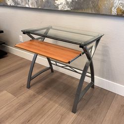 32” Wide Tempered Glass Top Desk With Wood Keyboard Tray and Silver Metal Frame