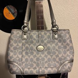Silver and baby blue coach bag