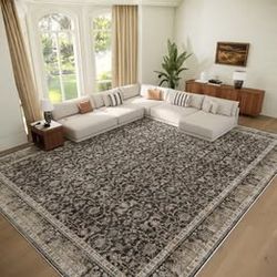 Hedwior 10' x 14' Washable Area Rug – Charcoal / Taupe