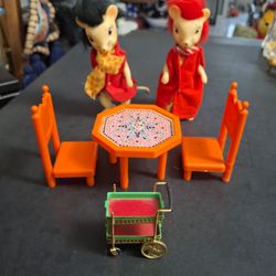 1960's Remco Mr. & Mrs. Mouse Figures & Playset - Incl: Mr. & Mrs. Mouse (Poseable), Table W/2 Chairs & Working Rolling Cart COLLECTIBLE