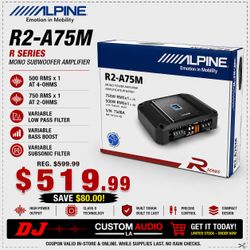 Alpine R Series R2-A75M Power Amplifier Mono Subwoofer System 1500 Watts 🚨 Payment Options Available 🚨 No Credit Needed 🚨
