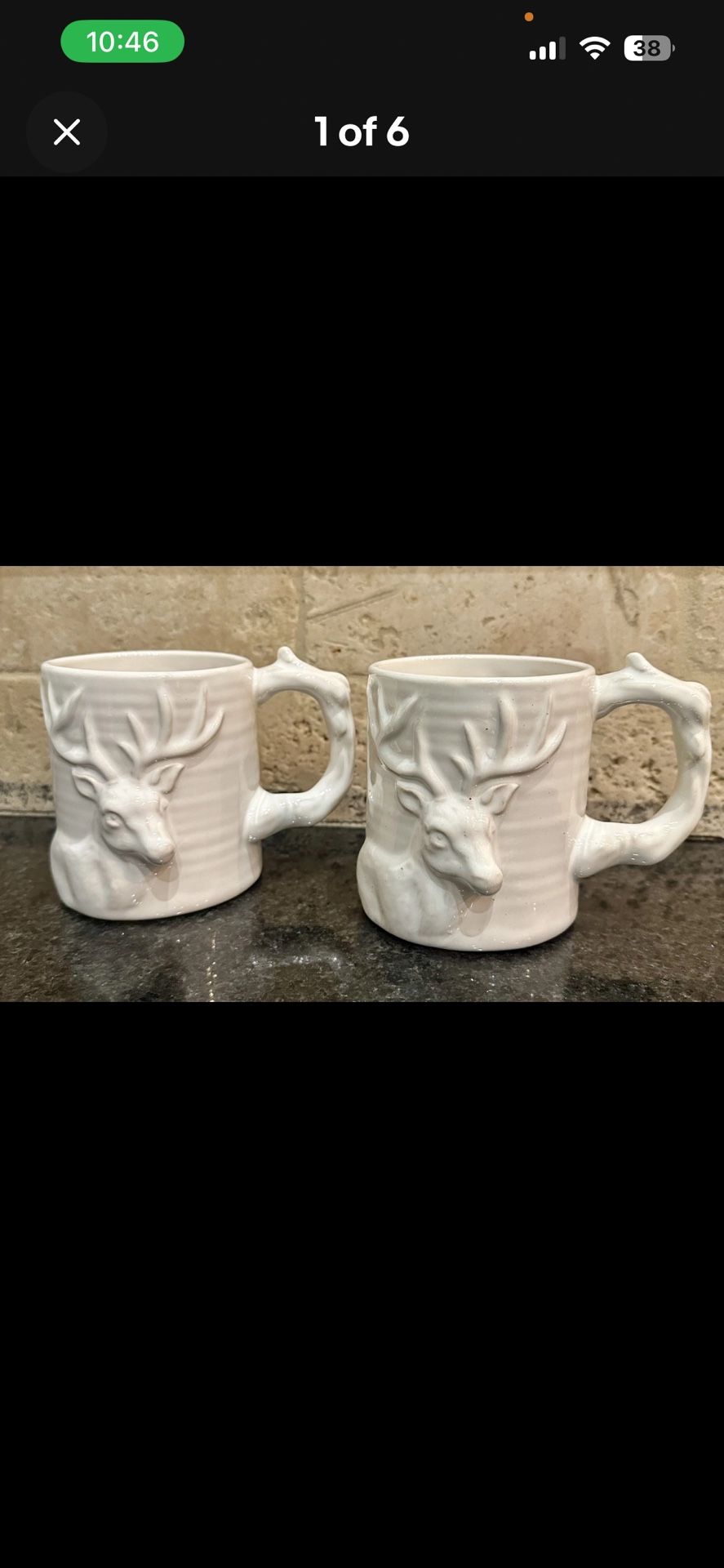 2 Pottery Barn Large 3D White Coffee Mug Cup Deer Reindeer Buck 4 1/8” 