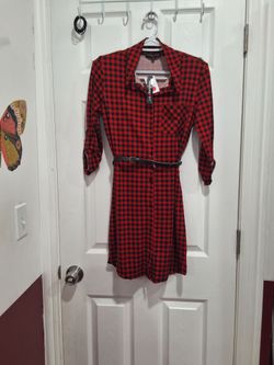 Red and Black Plaid Button-Front Shirt Dress with Belt