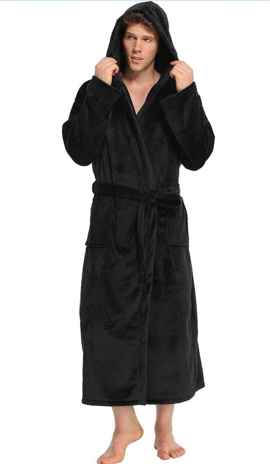 iFigure
Mens Hooded Robe Plush Flannel Fleece Full Length Bathrobe Warm House Coat Long Lounge Robe with Hood Pockets