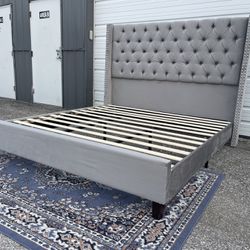 New King Size Platform Bed Frame Grey With Tufted Headboard 