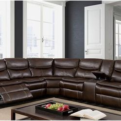 Brown Breathable Leatherette Couch Sofa Recliner With Cup Holders & Console
