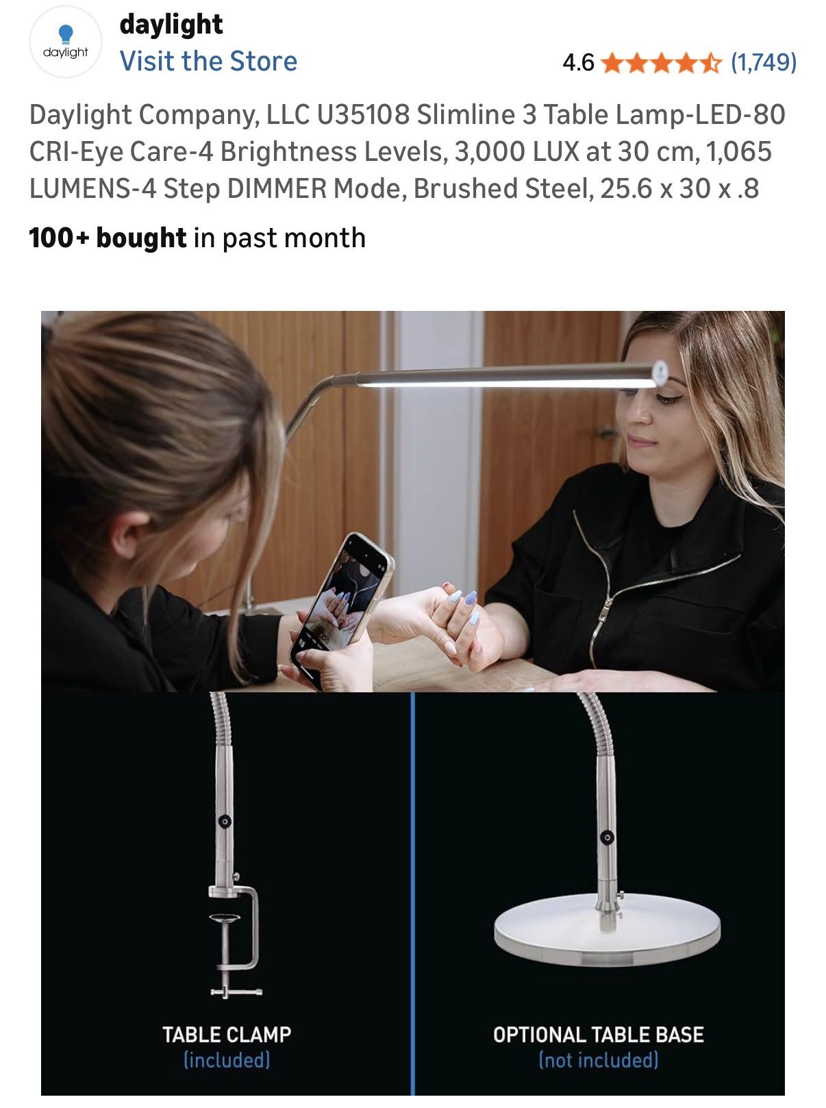 Daylight Company, LLC U35108 Slimline 3 Table Lamp-LED-80 CRI-Eye Care-4 Brightness Levels, 3,000 LUX at 30 cm, 1,065 LUMENS-4 Step DIMMER Mode, Brush