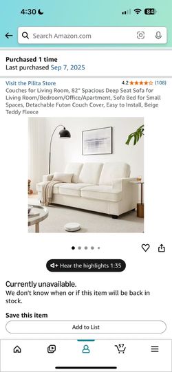 82” Modern Teddy Fleece Sofa / Futon Couch -– Pickup Only
