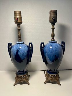 Pair 1930s Art Deco Vintage Cobalt Blue Ceramic Table Lamps Bronze Bases