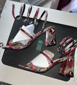 Red/ White Spiral Leopard Block Heels