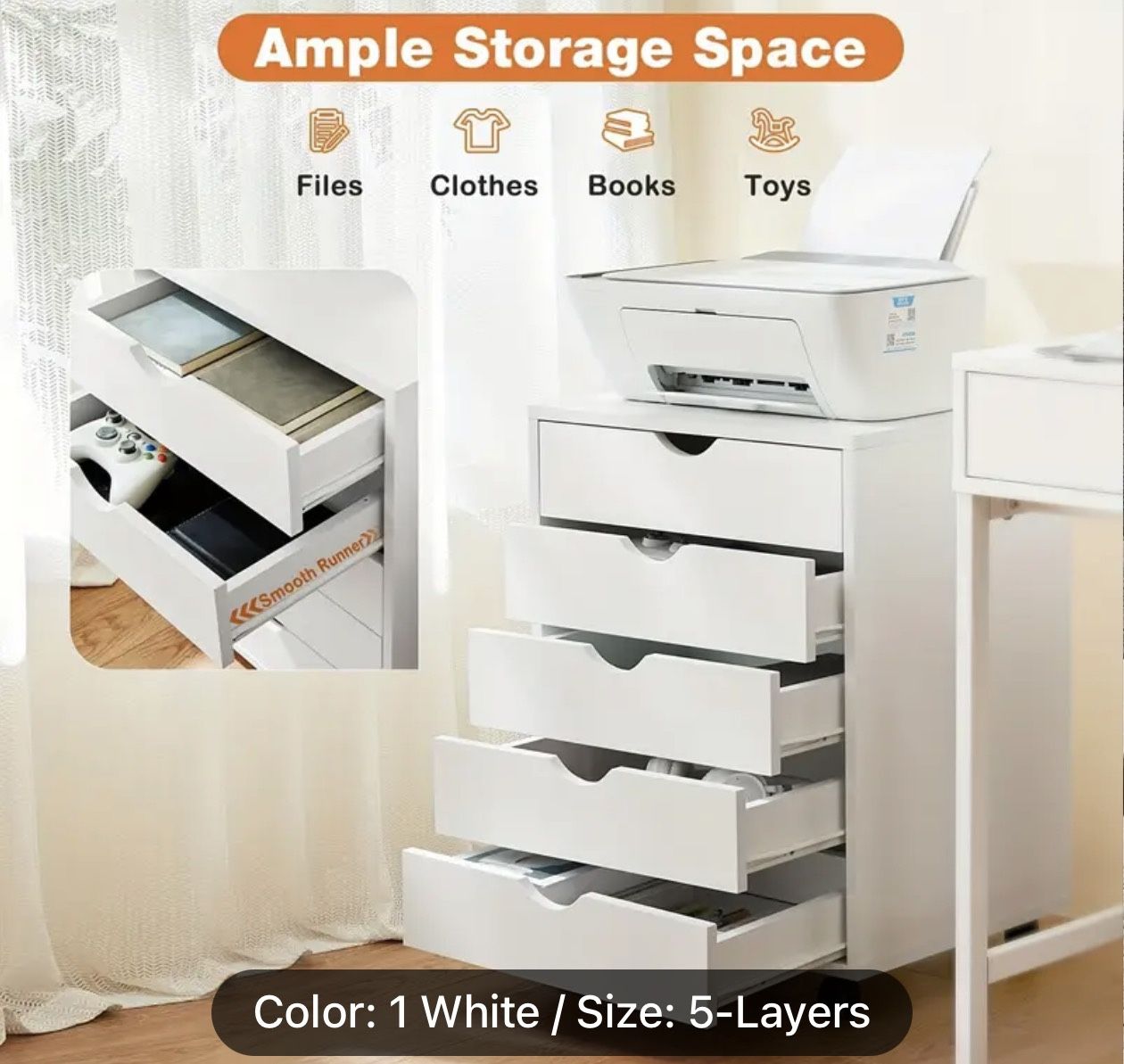 🗂 5-Drawer Rolling Storage Cabinet – White
