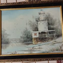 OIL  PAINTING (Everett Woodson ) By The Lighthouse