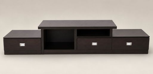 modern black engineered-wood TV stand/media console, approximately 70–80 inches wide, with: * Two large side drawers * Open center shelves * Silver d