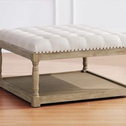 Upholstered Square Coffee Table with Wooden Shelf, Tufted Button Large Square Ottoman with Spindle Wooden Legs, Linen Large Footrest Ottoman Pouf for 