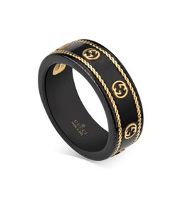 GUCCI Icon ring with gems, Sz 20, 11, 18k yellow gold/ blk synthetic corundum