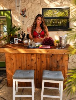 Fun outdoor bar with bar stools