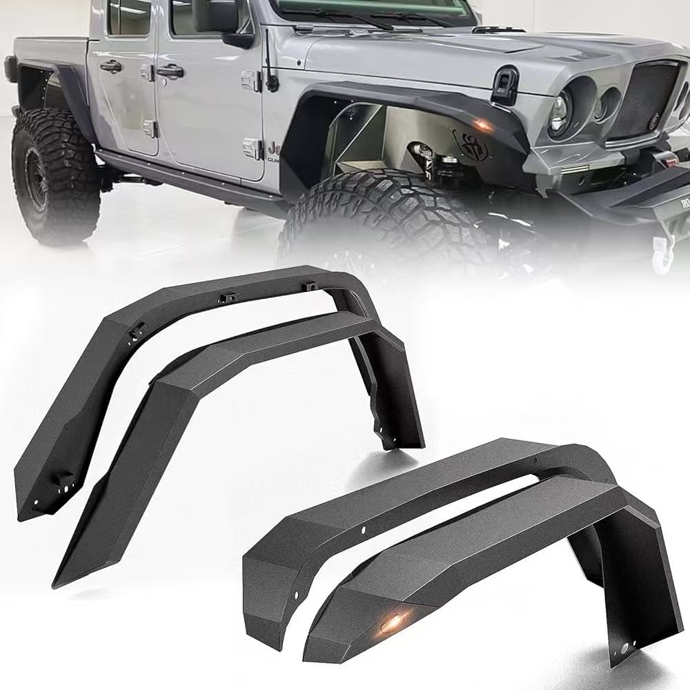 for Gladiator JT Flat Front and Rear Fender Flares Compatible with 2020 2021 2022 2023 2024 Jeep Gladiator JT with Turn Signal Lights, Heavy Duty Stee